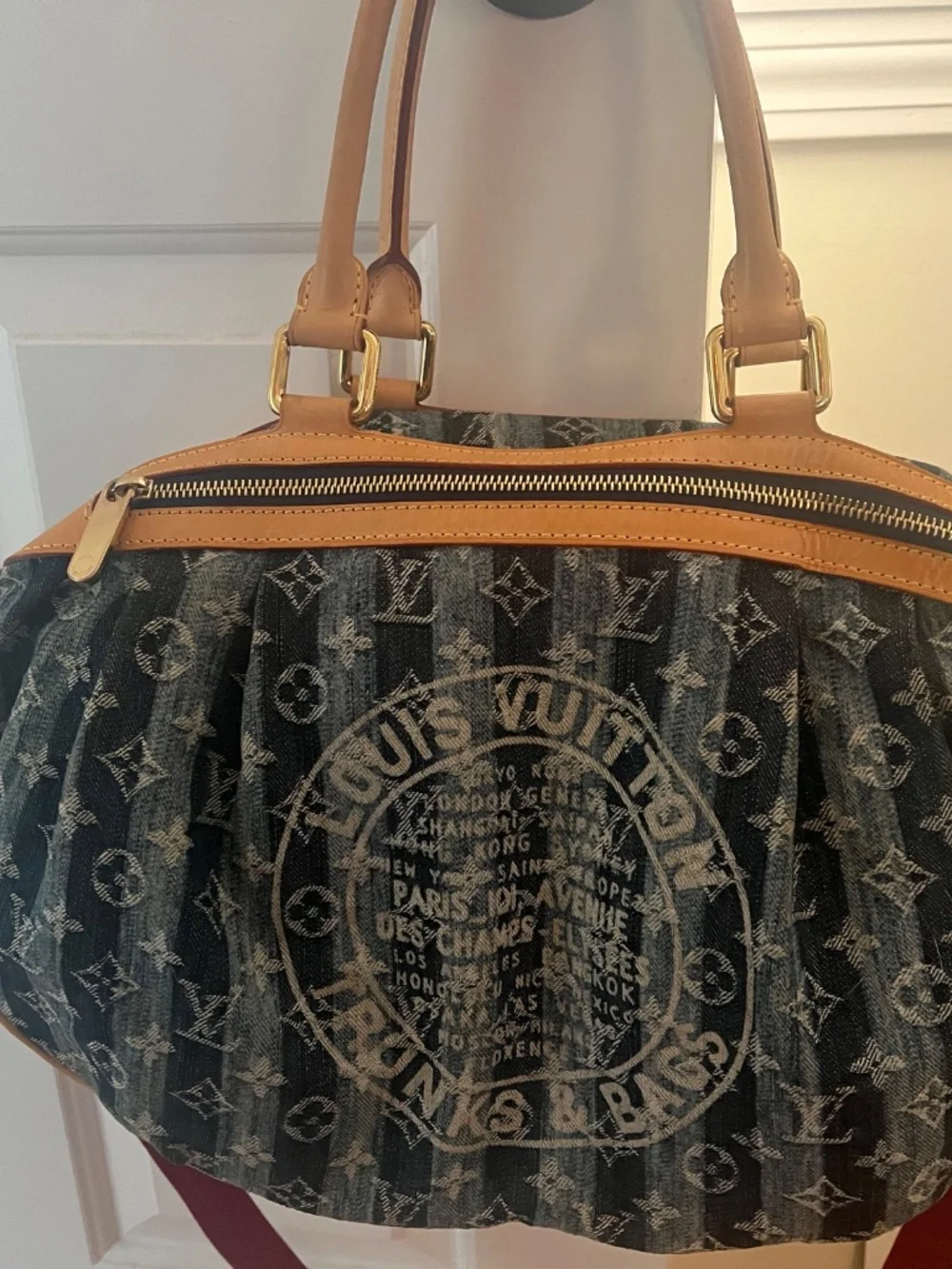 LV Denim Cloth weekender bag with leather trim and shoulder strap
